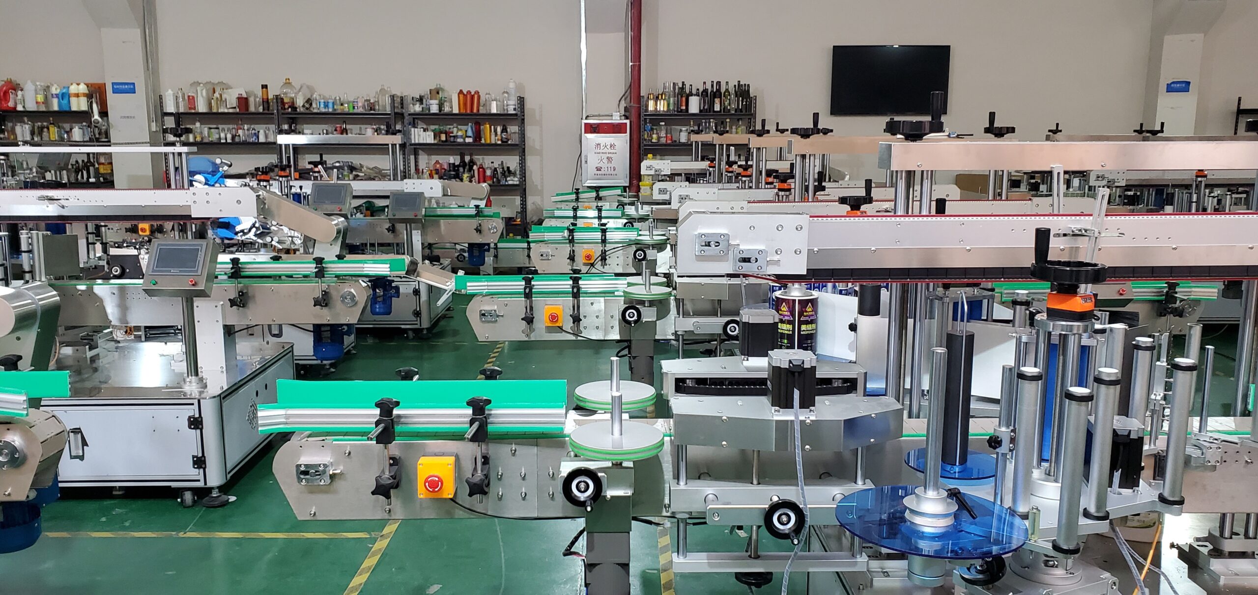 Finished labeling machines staged and tested before shipment