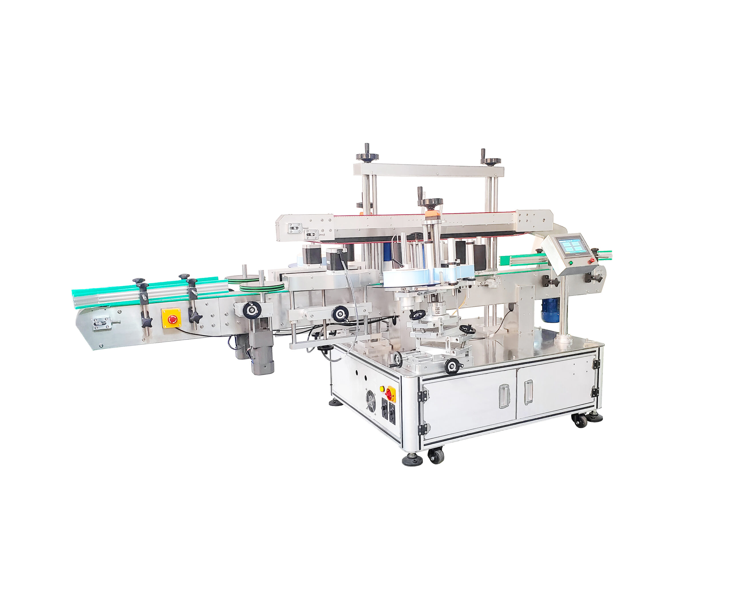 Automatic double-side labeling machine for flat and square cosmetic bottles